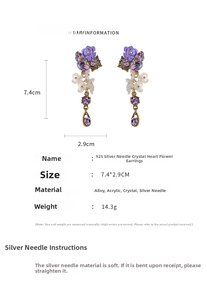 Detail view of purple crystal heart flower earrings with size dimensions and silver needle specs
