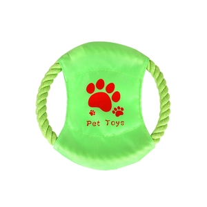 Detail of green cotton rope dog toy with fabric disc and paw print logo for dental care