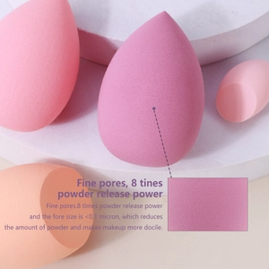 14-piece makeup sponge set with pink and purple teardrop and slanted cut blenders