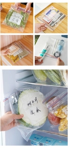 Detailed view of clear reusable food storage bags with labels for kitchen organization