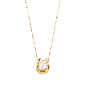 Elegant 18K gold-plated U-shaped pendant necklace featuring a white freshwater pearl accent