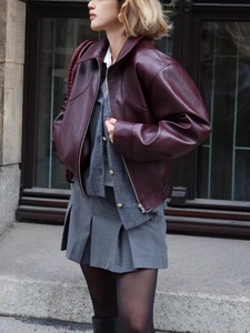 Veste oversize en simili cuir bordeaux pour femme avec revers vintage et style urbain