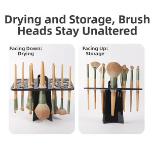 Black acrylic makeup brush drying rack showing dual storage and drying modes