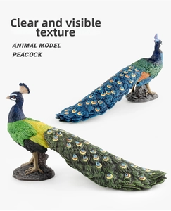 Macro shot of realistic peacock animal model with intricate feather textures and base