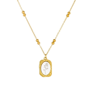 Vintage 18K gold plated stainless steel necklace with rose engraved square pendant
