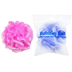 Detail of pink and blue mesh bath sponges showing texture and bubble ball packaging