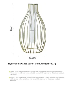 Detailed macro view of the gold lantern-shaped metal frame with glass hydroponic tube