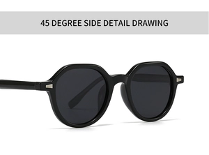 Detail view of black vintage sunglasses featuring silver metal rivets and thick frame