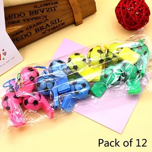Colorful soccer shaped plastic whistles set of 12 with matching lanyards for refereeing