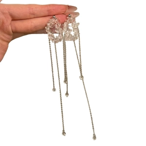 Irregular crystal geometric round earrings with long silver tassels and drop pendants