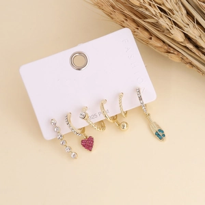 Bohemian five-piece gold earring set with pink heart and blue feather rhinestones