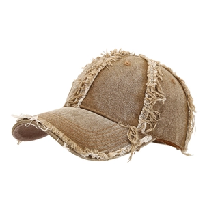 Brown distressed denim baseball cap with frayed edges and vintage washed finish