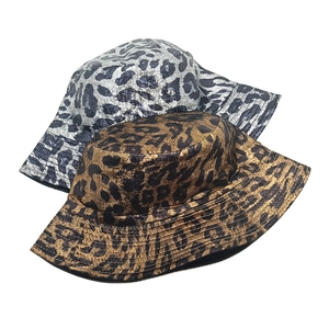 Chic metallic leopard print bucket hats in silver and bronze tones for women