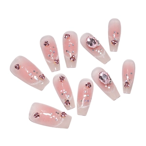 Pink ombre press-on nails with luxury rhinestones and glitter crystals, 10-piece set