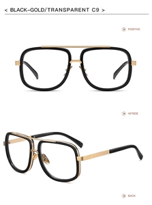 Front and 45-degree views of black and gold square aviator glasses with metal bridge