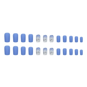 Medium-length square matte blue press-on nails with frosted shards and cool summer design