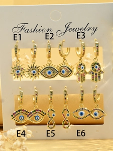 Bohemian gold earring set with colorful zircon evil eye and hamsa hand charms