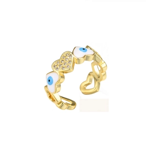 18K gold plated evil eye heart ring with sparkling zircons and blue enamel accents