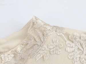Macro di raffinati ricami floreali bianchi su tessuto beige dell'abito in stile francese