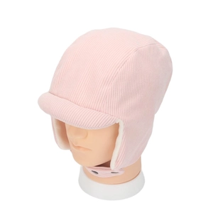 Detail of pink corduroy winter trapper hat showing soft white sherpa fleece lining and buckle