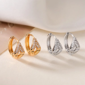 Geometric Zircon Huggie Earrings Copper Micro Inlaid Shiny Fashion Accessory For Women