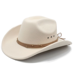 Western Cowboy Hat Wool Felt Wide Brim Sun Protection Retro Fedora For Men Women With Decorative Rope And Beads