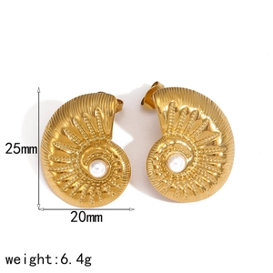 French vintage 18k gold nautilus shell earrings with pearl inlay, 25mm height