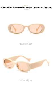 Detailed views of vintage oval cream sunglasses with tea lenses from front and side angles
