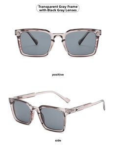 Detail view of square transparent grey sunglasses with dark grey lenses and metal accents