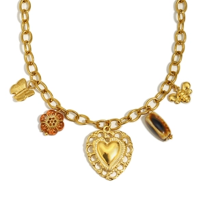 18K gold-plated O-chain necklace featuring hollow heart, butterfly, and bee charms