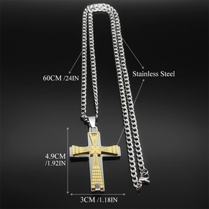 Stainless steel cross necklace in gold and silver tones with dimensions 4.9cm by 3cm