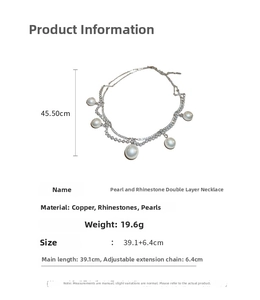 Detail view of double-layer pearl necklace with rhinestones and technical specifications