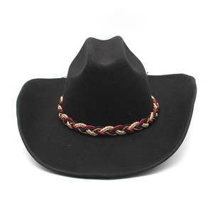Close-up of a black wool felt cowboy hat featuring a colorful braided rope band detail