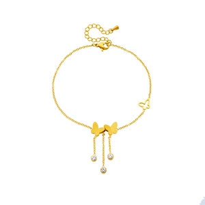 Gold butterfly tassel anklet with cubic zirconia charms and adjustable link chain