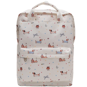 Minimalist cream backpack with cute dachshund dog prints and contrast bow detailing