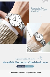 Detail of CHENXI ultra-thin silver mesh band quartz watches for couples on wrist