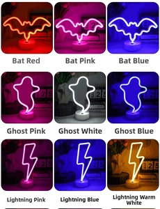 Neon LED decorative lamps with bat, ghost and lightning shapes on round base