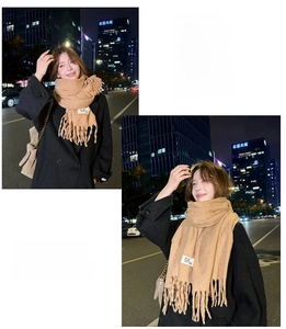 Macro view of soft beige winter scarf featuring fringe tassels and brand label detail