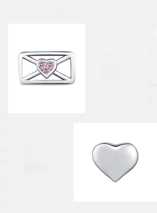 Detailed view of 925 sterling silver envelope charm with pink 5A cubic zirconia hearts