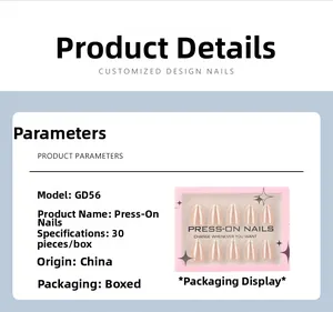 Detail view of model GD56 almond press-on nails in pink packaging with 30 pieces
