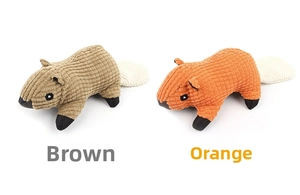 Detailed view of durable corduroy plush squeaky dog toys in brown and orange colors