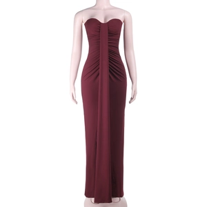 Detailed view of wine red bodycon tube dress featuring ruched knit fabric texture