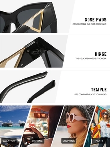 Detail of square frame sunglasses showing nose pads, hinge, and temple design features