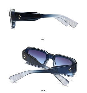 Detailed side and back views of square sunglasses with gradient blue frame and star rivets