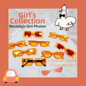Flat lay of retro oval and rectangular sunglasses in orange and yellow frames