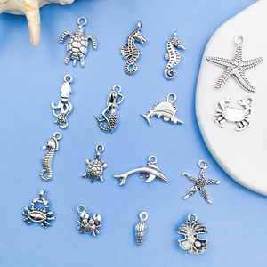 Silver marine life alloy charms including sea turtle and seahorse for DIY jewelry making