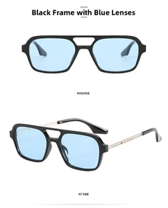 Detailed views of retro aviator sunglasses with black frames and blue lenses