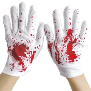 Macro detail of white Halloween gloves with realistic red blood splatter pattern
