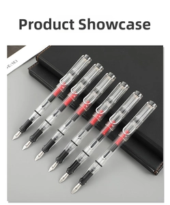 Detail view of six transparent gothic calligraphy pens on a black leather notebook