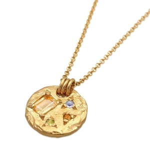Vintage gold plated irregular medallion necklace with colorful zircon stones on white background
